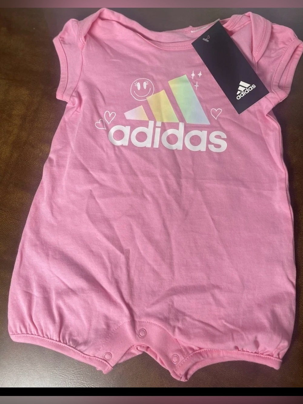 adidas Pink Short Sleeve Logo Romper with Iridescent Accents